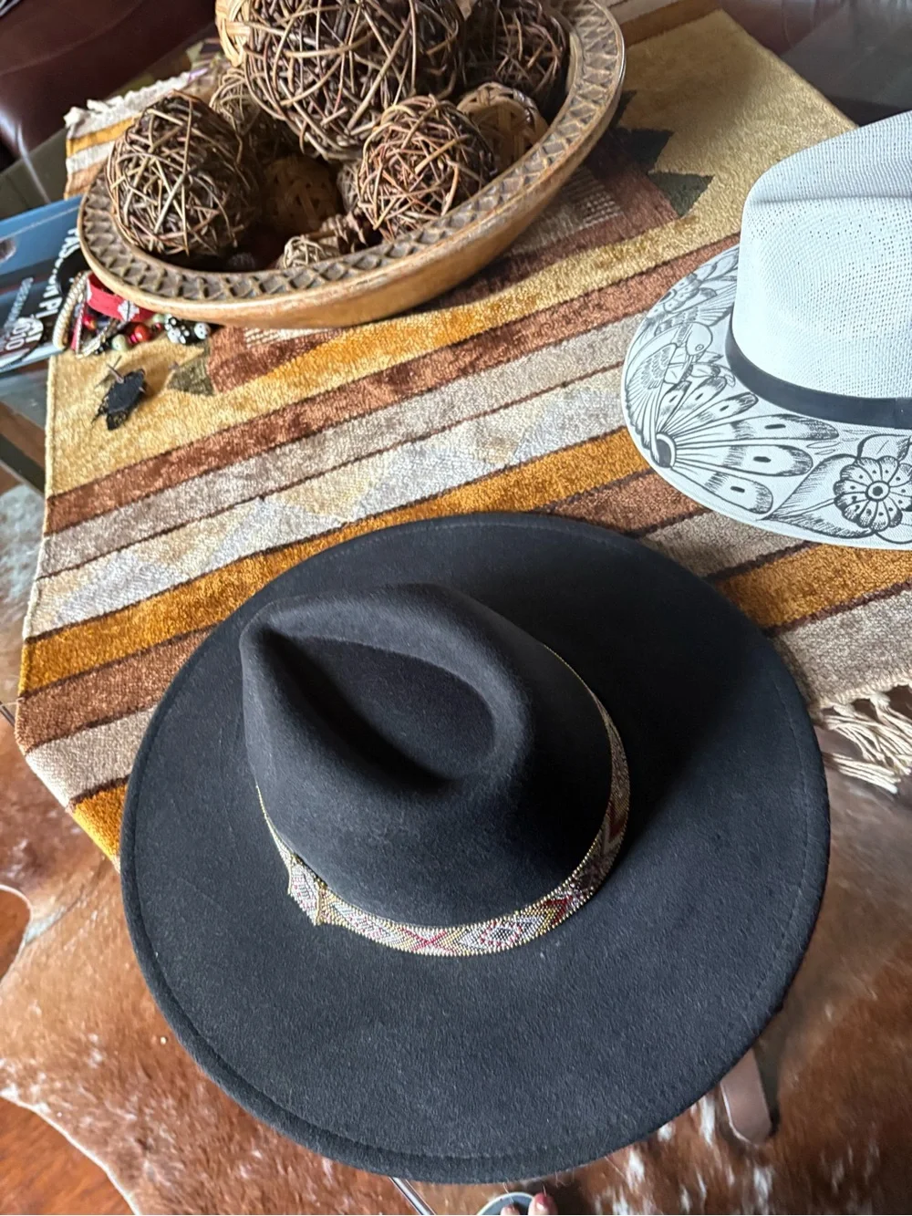 Women’s Black felt Hat with Beaded Band and Women’s White Straw hand Painted Hat
